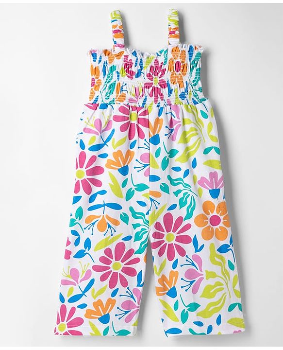 Babyhug 100% Cotton Knit Sleeveless Floral Printed Jumpsuit With Jacket - Navy Blue