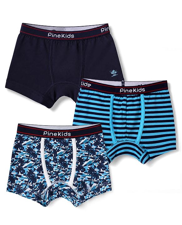 Pine Kids Cotton Knit Trunks with Stripe & Abstract Print Pack of 3 - Black & Blue