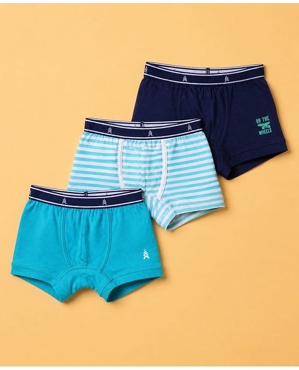 Pine Kids 100% Cotton Knit Striped Trunks With On the Wheels Text Print Pack of 3 - Blue & Navy Blue