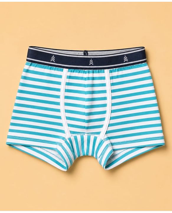 Pine Kids 100% Cotton Knit Striped Trunks With On the Wheels Text Print Pack of 3 - Blue & Navy Blue