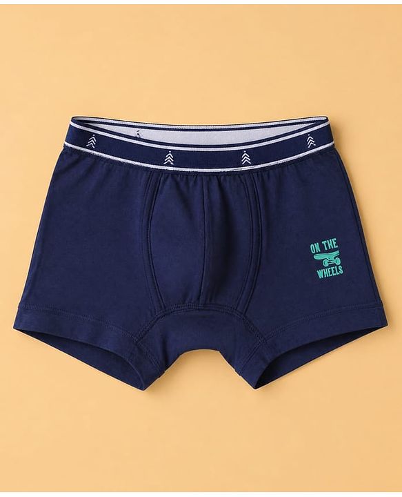 Pine Kids 100% Cotton Knit Striped Trunks With On the Wheels Text Print Pack of 3 - Blue & Navy Blue