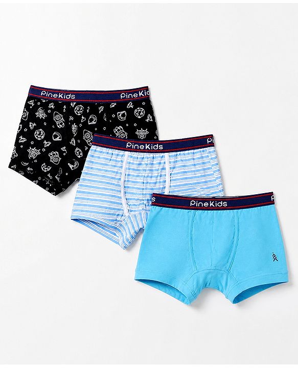 Pine Kids 100% Cotton Knit Printed Trunks Pack of 3 - Blue