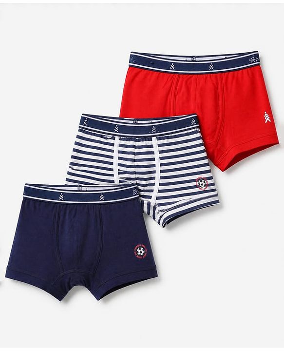 Pine Kids 100% Cotton Elastane Knit Trunk with Football Print Pack of 3 - Red Blue & White