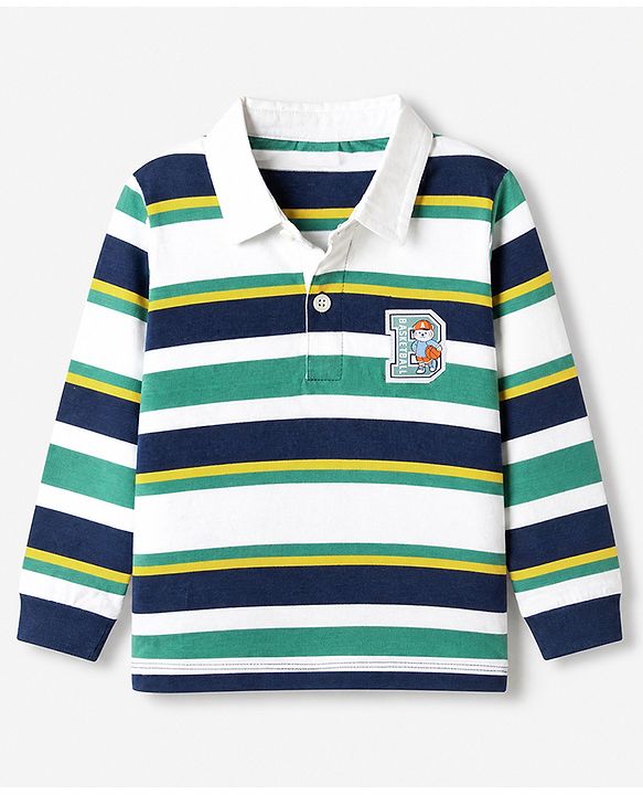 Babyhug 100% Cotton Knit Full Sleeves Striped Pique Polo T-Shirt with Bear Embroidered Patch - Navy Blue