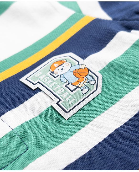 Babyhug 100% Cotton Knit Full Sleeves Striped Pique Polo T-Shirt with Bear Embroidered Patch - Navy Blue