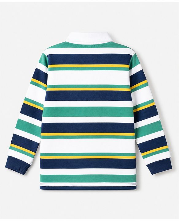 Babyhug 100% Cotton Knit Full Sleeves Striped Pique Polo T-Shirt with Bear Embroidered Patch - Navy Blue