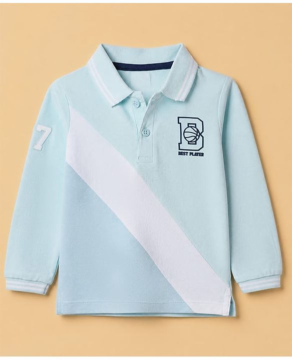 Babyhug 100% Cotton Knit Full Sleeves Cut And Sew Polo Tee with Full Sleeves and Letter B and Basketball Print in Light Blue