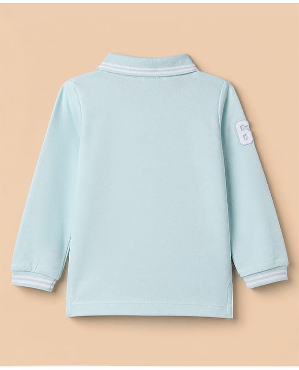Babyhug 100% Cotton Knit Full Sleeves Cut And Sew Polo Tee with Full Sleeves and Letter B and Basketball Print in Light Blue