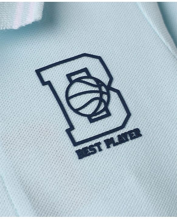 Babyhug 100% Cotton Knit Full Sleeves Cut And Sew Polo Tee with Full Sleeves and Letter B and Basketball Print in Light Blue