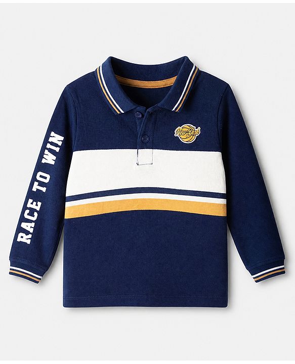 Babyhug 100% Cotton Knit Full Sleeves Polo T-Shirt with Cut & Sew and New York Patch with Race to Win Applique - Navy Blue