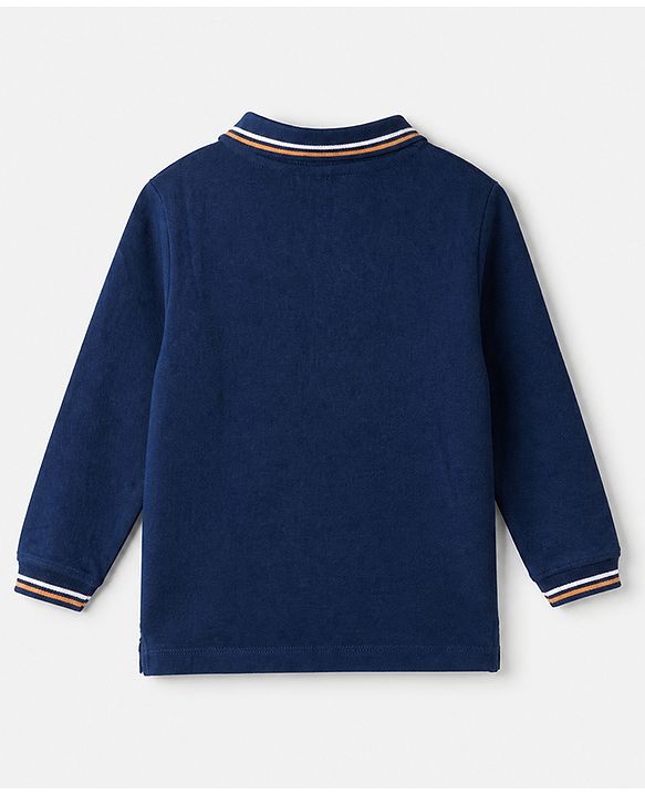Babyhug 100% Cotton Knit Full Sleeves Polo T-Shirt with Cut & Sew and New York Patch with Race to Win Applique - Navy Blue