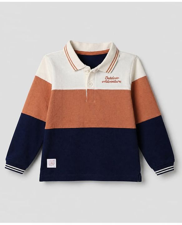 Babyhug 100% Cotton Knit Polo T-shirt With Full Sleeves and Outdoor Adventure Embroidery in Navy Blue