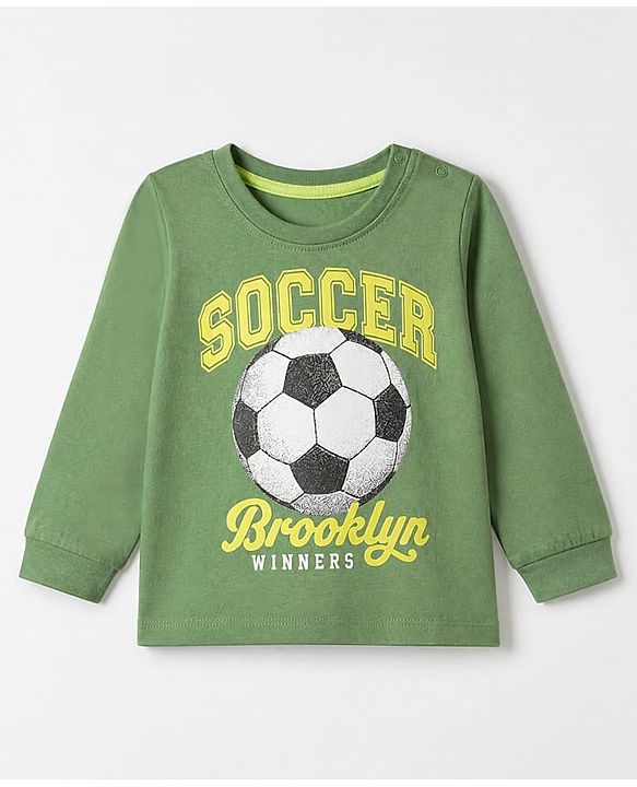Babyhug 100% Cotton Knit T-Shirt with Full Sleeves and Soccer Print - Green