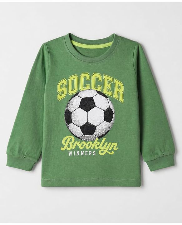 Babyhug 100% Cotton Knit T-Shirt with Full Sleeves and Soccer Print - Green