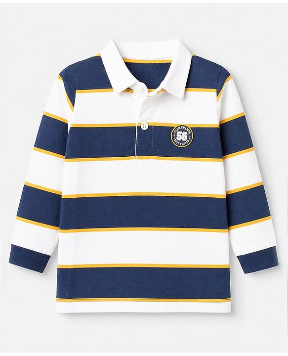 Babyhug 100% Cotton Knit Striped Pique Polo T-Shirts with Full Sleeves and Team Champs 56 Patch - Navy Blue & Yellow