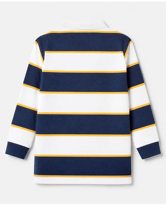 Babyhug 100% Cotton Knit Striped Pique Polo T-Shirts with Full Sleeves and Team Champs 56 Patch - Navy Blue & Yellow