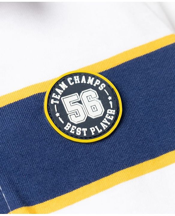 Babyhug 100% Cotton Knit Striped Pique Polo T-Shirts with Full Sleeves and Team Champs 56 Patch - Navy Blue & Yellow