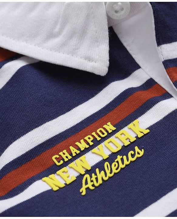 Babyhug 100% Cotton Knit Polo T-Shirt with Full Sleeves, Striped Pattern and Soccer Ball Print in Navy Blue