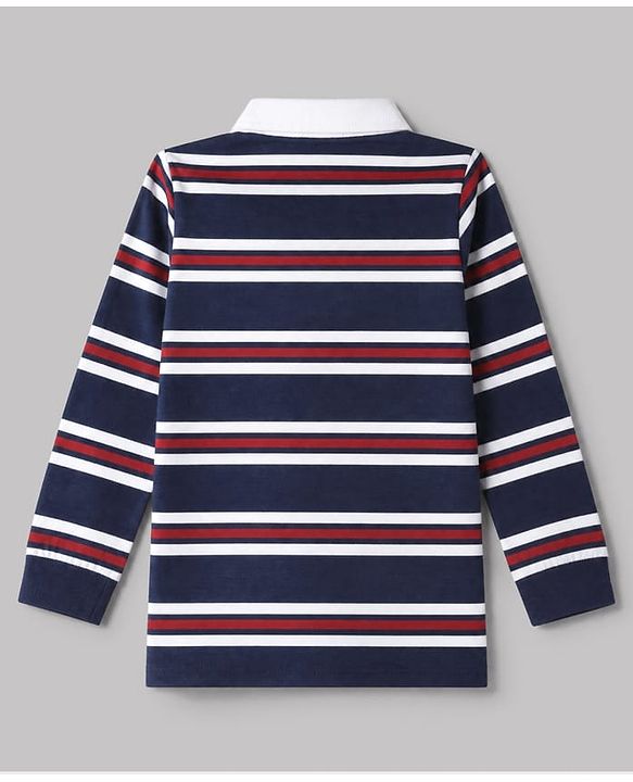 Babyhug 100% Cotton Knit Polo T-Shirt with Full Sleeves, Striped Pattern and Soccer Ball Print in Navy Blue