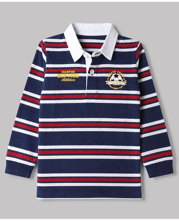 Babyhug 100% Cotton Knit Polo T-Shirt with Full Sleeves, Striped Pattern and Soccer Ball Print in Navy Blue