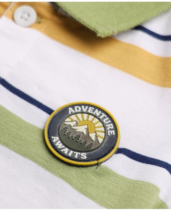 Babyhug 100% Cotton Knit Full Sleeves Striped Polo T-shirt with Mountain Landscape Patch in White