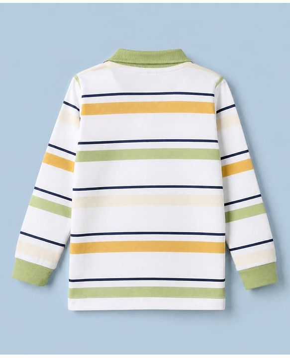 Babyhug 100% Cotton Knit Full Sleeves Striped Polo T-shirt with Mountain Landscape Patch in White