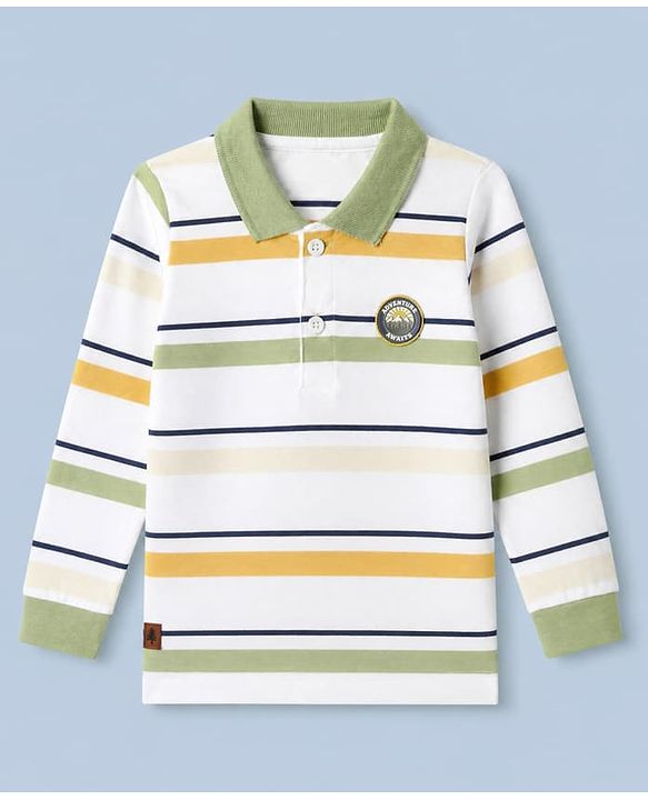 Babyhug 100% Cotton Knit Full Sleeves Striped Polo T-shirt with Mountain Landscape Patch in White