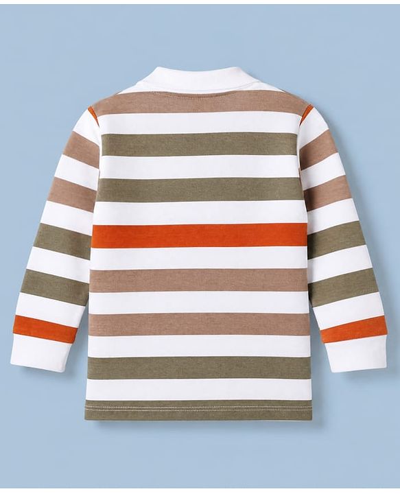 Babyhug 100% Cotton Knit Polo T-Shirt with Full Sleeves and Striped Print in White