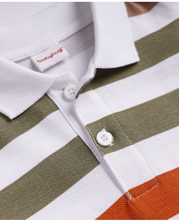 Babyhug 100% Cotton Knit Polo T-Shirt with Full Sleeves and Striped Print in White