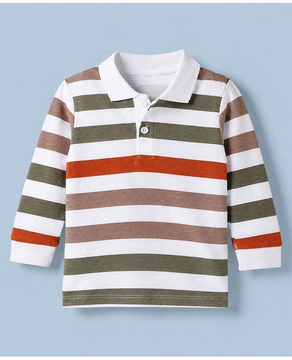 Babyhug 100% Cotton Knit Polo T-Shirt with Full Sleeves and Striped Print in White