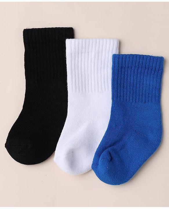 Cute Walk by Babyhug Knit Calf Length Anti Bacterial Solid Socks Pack of 3 - White, Black & Blue