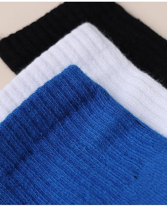 Cute Walk by Babyhug Knit Calf Length Anti Bacterial Solid Socks Pack of 3 - White, Black & Blue