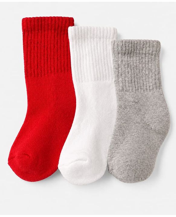 Cute Walk By Babyhug Cotton Terry Knit Ankle Length Solid Socks With Anti-Bacterial Pack of 3 -White Red & Grey