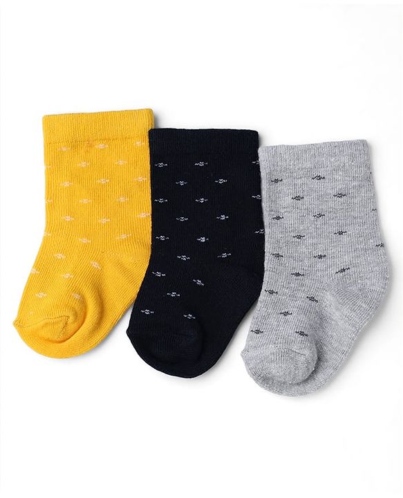 Cute Walk by Babyhug Knit Calf Length Anti Bacterial Designed ed Socks Pack of 3 - Black, Grey & Yellow