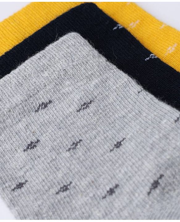 Cute Walk by Babyhug Knit Calf Length Anti Bacterial Designed ed Socks Pack of 3 - Black, Grey & Yellow