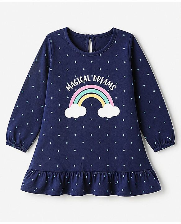 Babyhug Cotton Knit Full Sleeves Nighty with Rainbow Polka Dots Print -Navy Blue