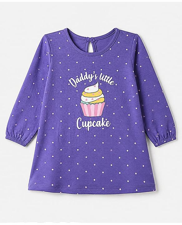 Babyhug Cotton Knit Full Sleeves Nighty with Daddy's Little Cupcake Text and Polka Dots Print - Violet