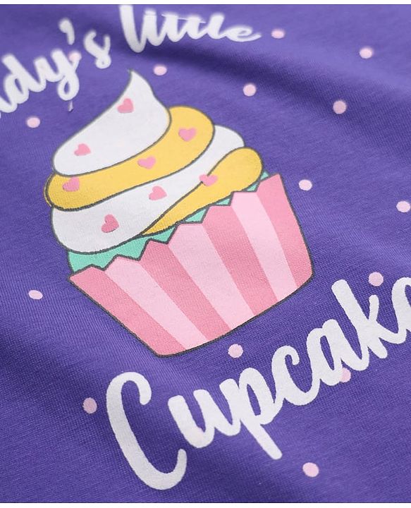Babyhug Cotton Knit Full Sleeves Nighty with Daddy's Little Cupcake Text and Polka Dots Print - Violet