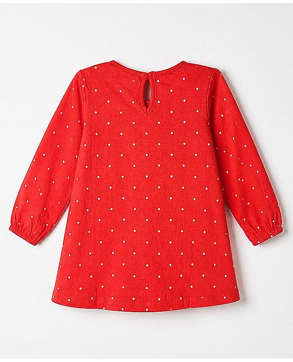 Babyhug Cotton Knit Full Sleeves Nighty with Slogan & Polka Dots Print -Red