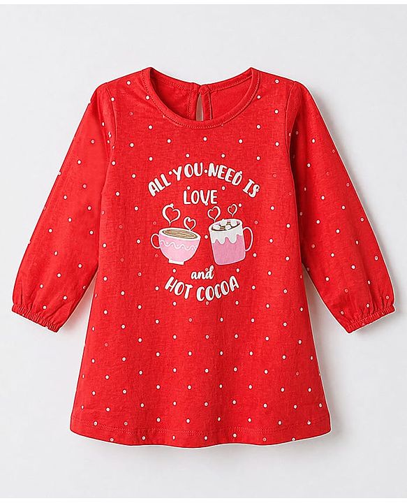 Babyhug Cotton Knit Full Sleeves Nighty with Slogan & Polka Dots Print -Red