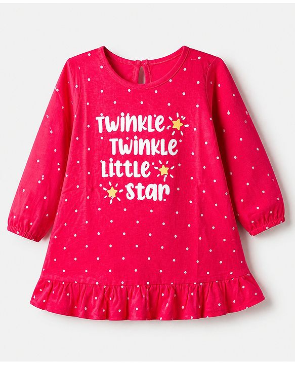 Babyhug Cotton Knit Full Sleeves Nighty with Slogan & Polka Dots Print -Dark Pink