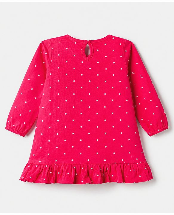 Babyhug Cotton Knit Full Sleeves Nighty with Slogan & Polka Dots Print -Dark Pink