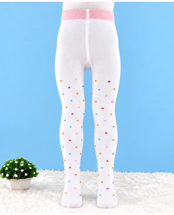 Cute Walk By Babyhug Cotton Knit Full Length Anti-Bacterial Tights With Polka Dots Print - White