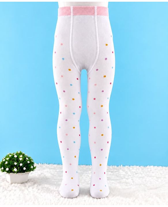 Cute Walk By Babyhug Cotton Knit Full Length Anti-Bacterial Tights With Polka Dots Print - White