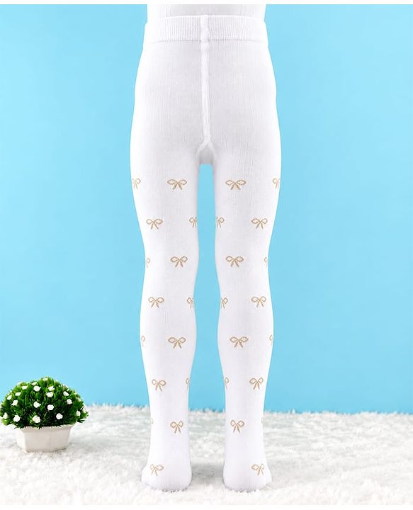 Cute Walk by Babyhug Cotton Knit Anti Bacterial Full Length Tight With Bow Design - White