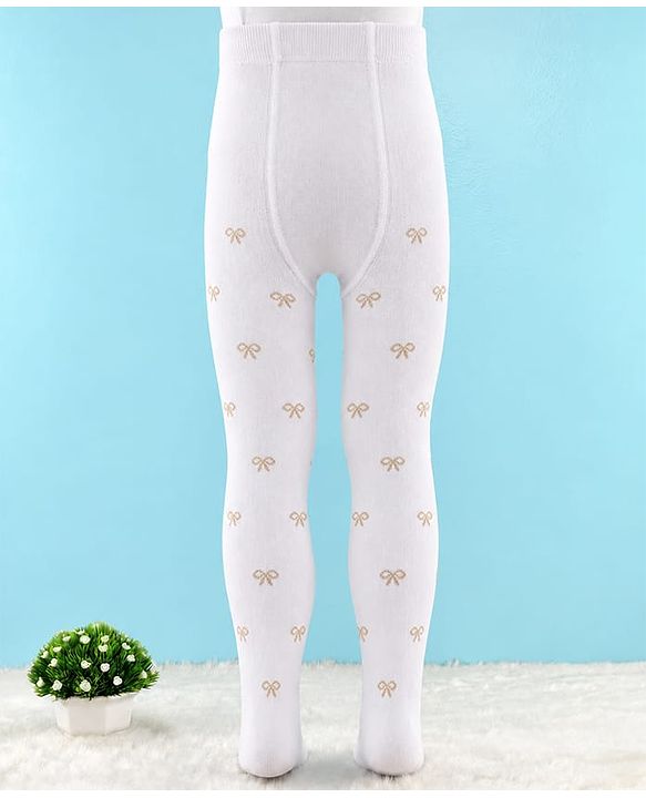 Cute Walk by Babyhug Cotton Knit Anti Bacterial Full Length Tight With Bow Design - White