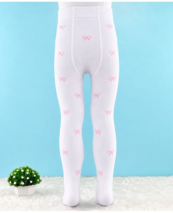 Cute Walk by Babyhug Knit Anti Bacterial Regular Tights With Bow Design - White