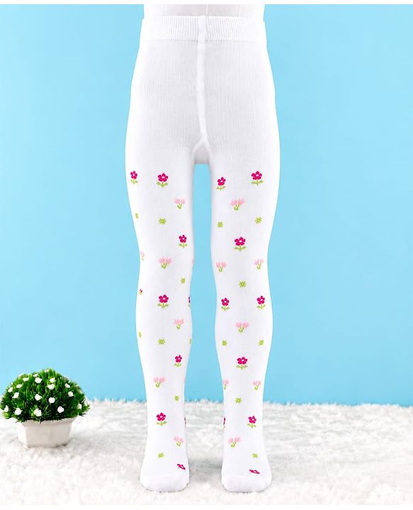 Cute Walk by Babyhug Knit Anti Bacterial Regular Tights With Floral Design - White