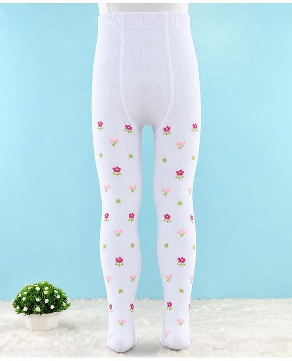 Cute Walk by Babyhug Knit Anti Bacterial Regular Tights With Floral Design - White