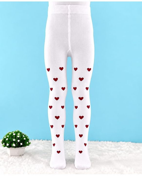 Cute Walk by Babyhug Knit Anti Bacterial Regular Tights With Heart Design - White